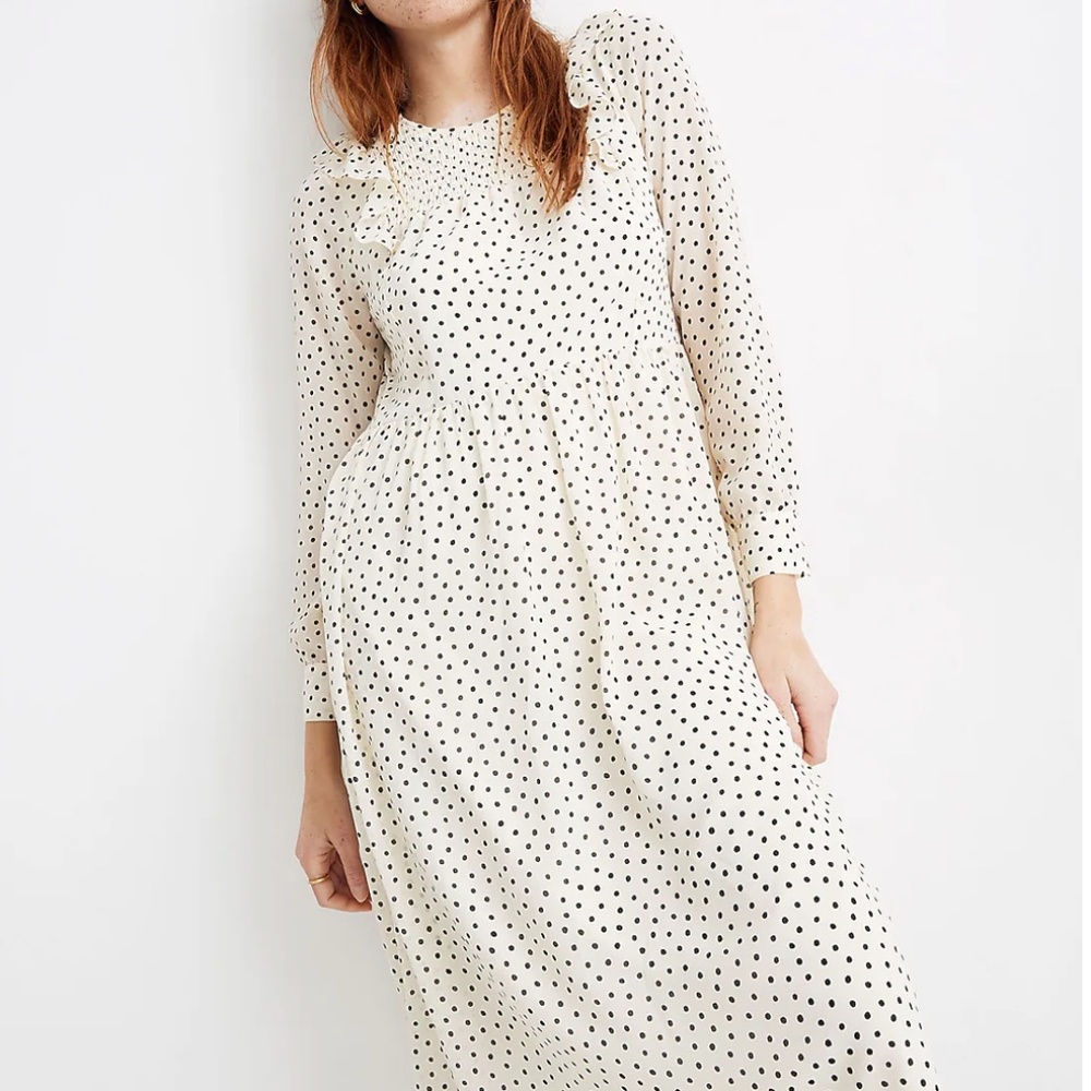 Madewell Smocked Ruffle-Shoulder Midi Spring Dress in Inkbrush Dots size L